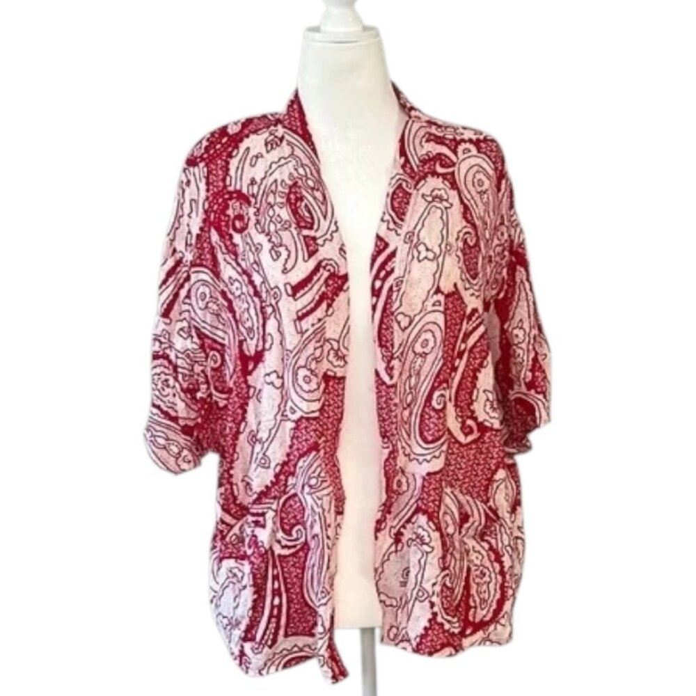 Pre-Loved Red and White Paisley Kimono Cardigan (Size S/M)
